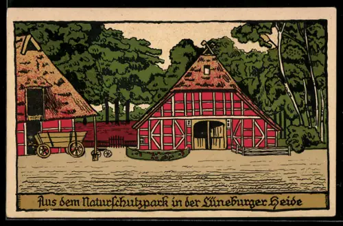 Steindruck-AK Fachwerkhäuser im Naturschutzpark in der Lüneburger Heide