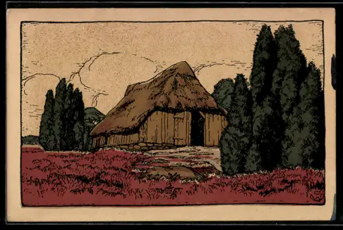 Steindruck-AK Alter Schafstall in der Lüneburger Heide