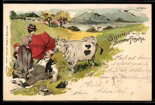 Künstler-AK Bruno Bürger & Ottillie Nr.954: Kuh nähert sich einer Familie beim Picknick