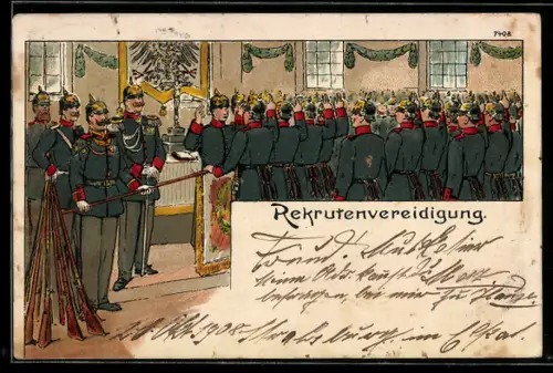 Künstler-AK Bruno Bürger & Ottillie Nr. 7408: Rekrutenvereidigung in Uniform mit Pickelhauben