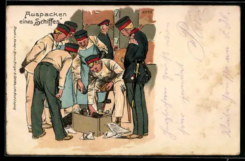 Künstler-Lithographie Bruno Bürger & Ottillie Nr. 6075: Auspacken eines Schiffes, Soldaten öffnen Packet