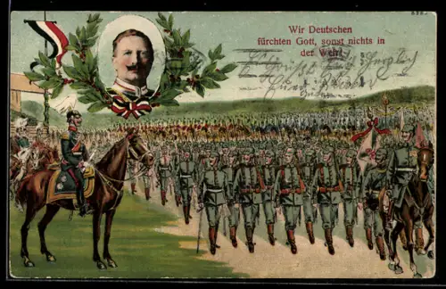 Künstler-AK Bruno Bürger & Ottillie Nr. 8385: Portrait von Wilhelm II. neben marschierenden Soldaten