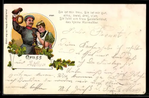 Künstler-AK Bruno Bürger & Ottillie Nr. 617: Frau an der Seite eines Soldaten in Uniform