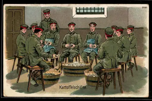Künstler-AK Bruno Bürger & Ottillie Nr. 8191: Soldaten beim Kartoffelschälen