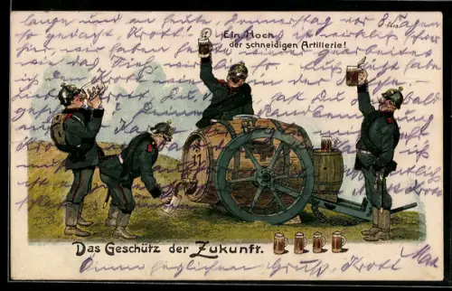 Künstler-AK Bruno Bürger & Ottillie Nr. 7418: Artilleriesoldaten an einem Bierfass