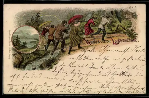 Künstler-AK Bruno Bürger & Ottillie Nr. 513: Männer und Frauen mit Regenschirmen im Sturm