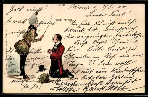 Künstler-AK Bruno Bürger & Ottillie Nr. 1429: Mann auf Knien wird von einer Frau gemassregelt