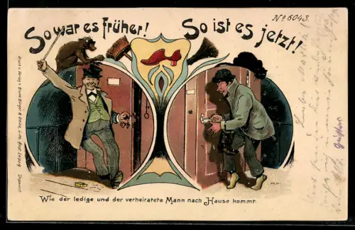 Künstler-AK Bruno Bürger & Ottillie Nr. 6043: Gegenüberstellung der Heimkehr lediger und verheirateter Männer