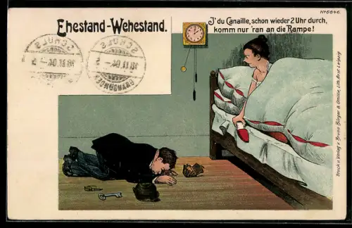 Künstler-AK Bruno Bürger & Ottillie Nr. 6846: Betrunkener Mann kniet vor seiner Frau im Bett