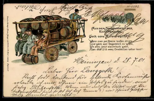 Künstler-AK Bruno Bürger & Ottillie Nr. 6090: Männer schlafen auf einem Karren, der Fässer transportiert