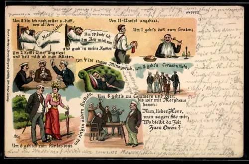 Künstler-AK Bruno Bürger & Ottillie Nr. 6662: Verbindungsstudentisches Leben, beim Rendez-vous, Kartenspiel und Commers