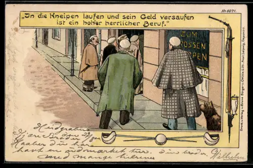 Lithographie In die Kneipe laufen und sein Geld versaufen, studentische Szene, gekreuzte Degen