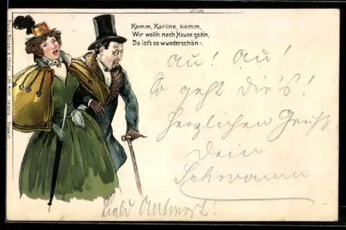 Künstler-AK Bruno Bürger & Ottillie Nr. 1370: Elegantes Paar mit Regenschirm und Gehstock