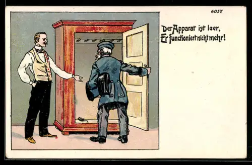 Künstler-AK Bruno Bürger & Ottillie Nr. 6057: Mann sieht in einen leeren Schrank