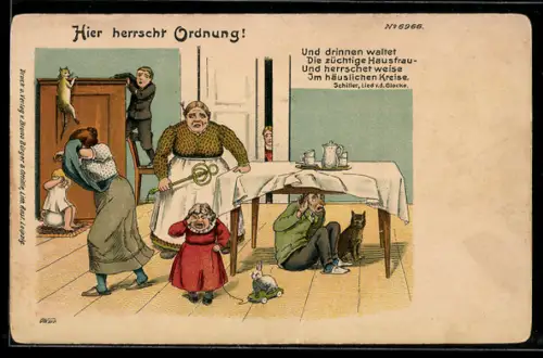 Künstler-AK Bruno Bürger & Ottillie Nr. 6966: Hausfrau steht streng im Raum, um sie weinende Familienmitglieder