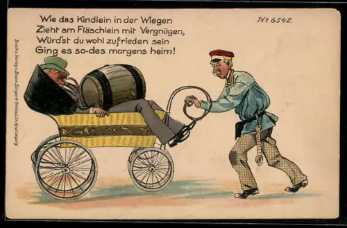 AK Betrunkener mit Bierfass im Kinderwagen wird angeschoben