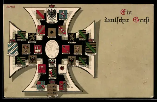 Künstler-AK Bruno Bürger & Ottillie Nr. 8753: Wappen von Anhalt und von Schwarzburg auf Eisernem Kreuz
