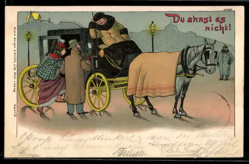 Künstler-AK Erich Kleinhempel: Du ahnst es nicht!, Fahrgäste steigen in eine Kutsche bei Nacht