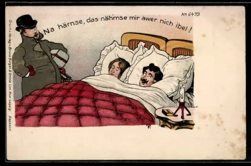 Künstler-AK Bruno Bürger & Ottillie Nr. 6473: Mann steht überraschend vor einem im Bett schlafenden Paar