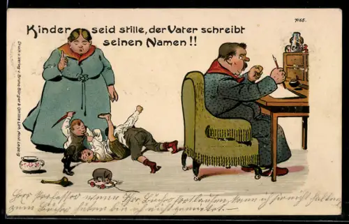 Künstler-AK Bruno Bürger & Ottillie Nr. 7465: Mann sitzt am Schreibtisch, während die Kinder streiten und ermahnt werden