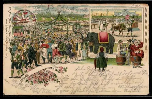 Künstler-AK Bruno Bürger & Ottillie Nr. 6753: Szene auf einem Volksfest mit Elefanten und Trinkern