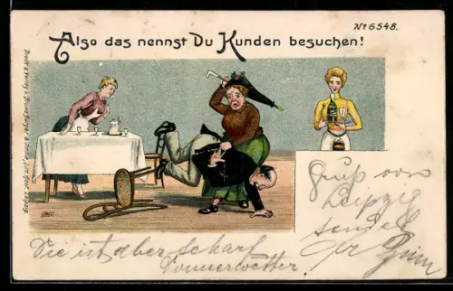 Künstler-AK Bruno Bürger & Ottillie Nr. 6548: Frau prügelt einen Mann mit einem Regenschirm