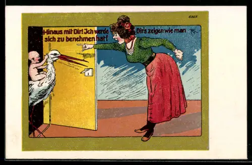 Künstler-AK Bruno Bürger & Ottillie Nr. 6507: Kleinkind reitet auf einem Storch, der von einer Frau angeschrien wird