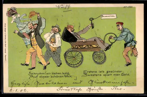 Künstler-AK Kleinhempel: Männer feiern ihr dasein als Junggesellen, Kinderwagen