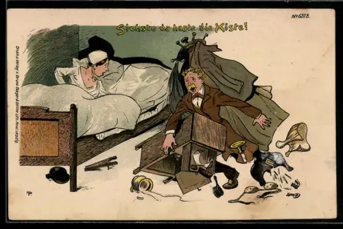 Künstler-AK Bruno Bürger & Ottillie Nr. 6518: Ehemann stolpert bei der Heimkehr über den Schrank im Schlafzimmer