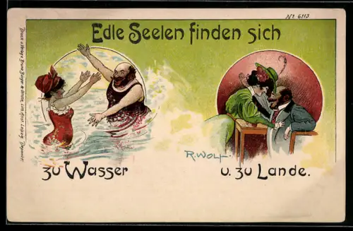 Künstler-AK Bruno Bürger & Ottillie Nr. 6113: Pärchen im Wasser und daheim