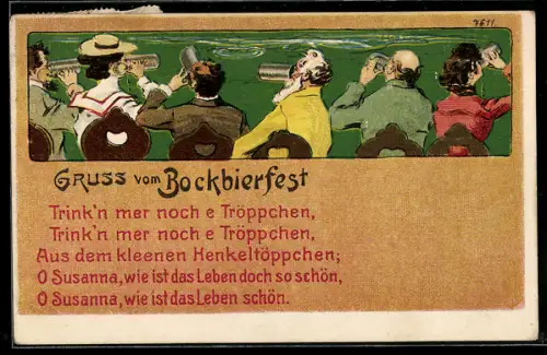 Künstler-AK Bruno Bürger & Ottillie Nr. 7611: Bockbierfest, Trinker sitzen in einer Reihe