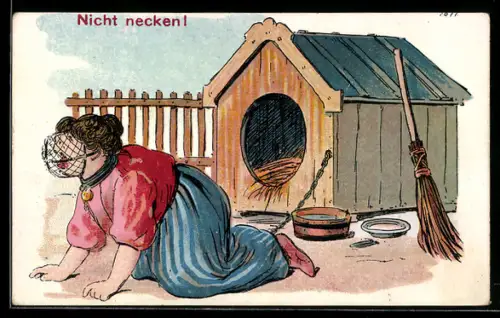 Künstler-AK Bruno Bürger & Ottillie Nr. 7877: Frau mit Maulkorb bei einer Hundehütte