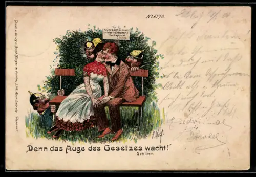 Künstler-AK Bruno Bürger & Ottillie Nr. 6178: Ein Paar küsst sich auf einer Bank und wird von Polizisten beobachtet