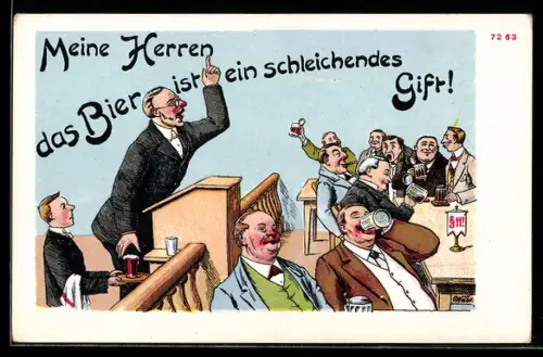 Künstler-AK Bruno Bürger & Ottillie Nr. 7253: Mann steht auf einer Rednertribüne und spricht zu Trinkern