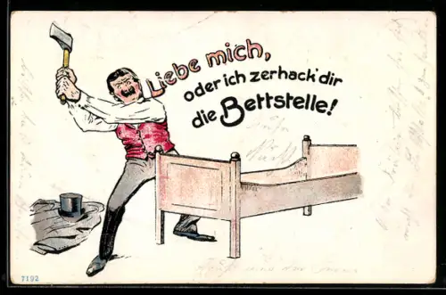 Künstler-AK Bruno Bürger & Ottillie Nr. 7192: Mann zerhackt ein Bett mit einer Axt
