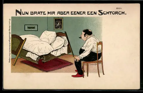 Künstler-AK Bruno Bürger & Ottillie Nr. 6834: Mann sitzt vor einem gebrochenen Bett