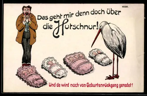 Künstler-AK Bruno Bürger & Ottillie Nr. 7222: Mann steht ängstlich vor vielen Kleinkindern und einem Storch