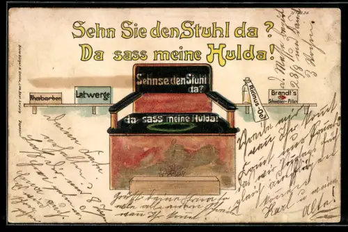 Künstler-AK Bruno Bürger & Ottillie Nr. 6836: Stuhl zwischen Latwerge, Ricinus-Öl und Schweizer Pillen