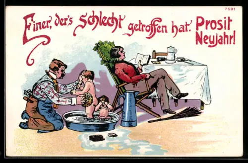 Künstler-AK Bruno Bürger & Ottillie Nr. 7501: Einer, der`s schlecht getroffen hat, Mann badet die Kinder & Frau liest