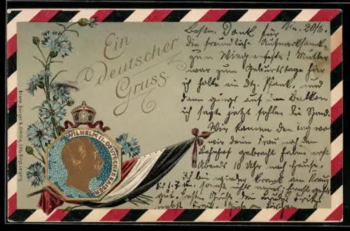 Künstler-AK Bruno Bürger & Ottillie Nr. 7017: Portrait von Wilhelm II. im Profil mit Reichsflagge