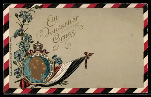 Künstler-AK Bruno Bürger & Ottillie Nr. 7017: Portrait von Wilhelm II. im Profil mit Reichsflagge