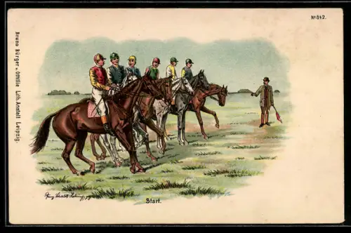 Künstler-AK Bruno Bürger & Ottillie Nr. 842: An der Startlinie eines Pferderennens