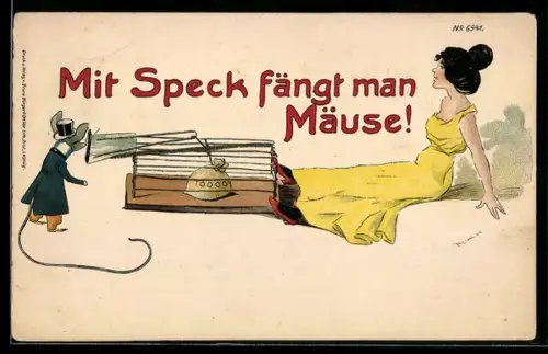 Künstler-AK Bruno Bürger & Ottillie Nr. 6941: Maus versucht, eine hübsche Frau mit einem Geldsack anzulocken