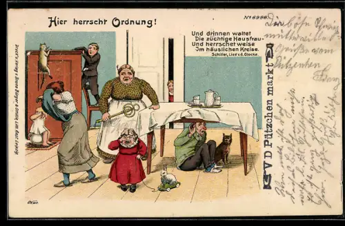 Künstler-AK Bruno Bürger & Ottillie Nr. 6966: Hausfrau steht streng im Raum, um sie weinende Familienmitglieder