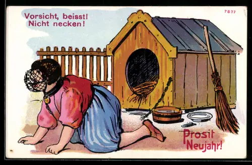 Künstler-AK Bruno Bürger & Ottillie Nr. 7877: Frau mit Maulkorb vor einer Hundehütte