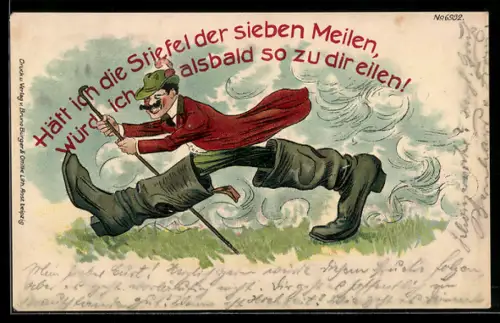 Künstler-AK Bruno Bürger & Ottillie Nr. 6932: Mann mit Gehstock und übergrossen Stiefeln