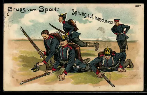 Künstler-AK Bruno Bürger & Ottillie Nr. 8177: Soldaten mit Gewehren beim Drill