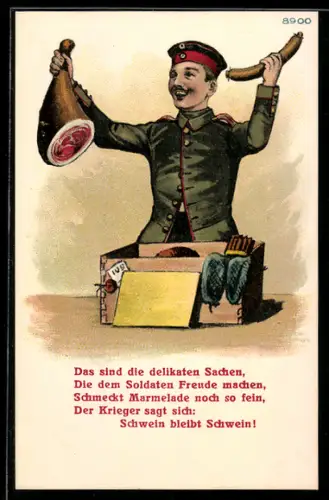 Künstler-AK Bruno Bürger & Ottillie Nr. 8900: Soldat packt freudig Schinken und Wurst aus einem Paket aus