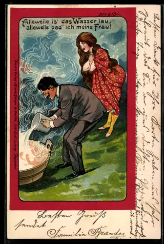 Künstler-AK Bruno Bürger & Ottillie Nr. 6134: Mann giesst warmes Wasser in einem Waschzuber