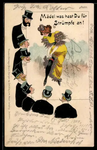 Künstler-AK Bruno Bürger & Ottillie Nr. 6000: Männer in Anzügen schauen zu einer Frau, die sich den Strumpt richtet